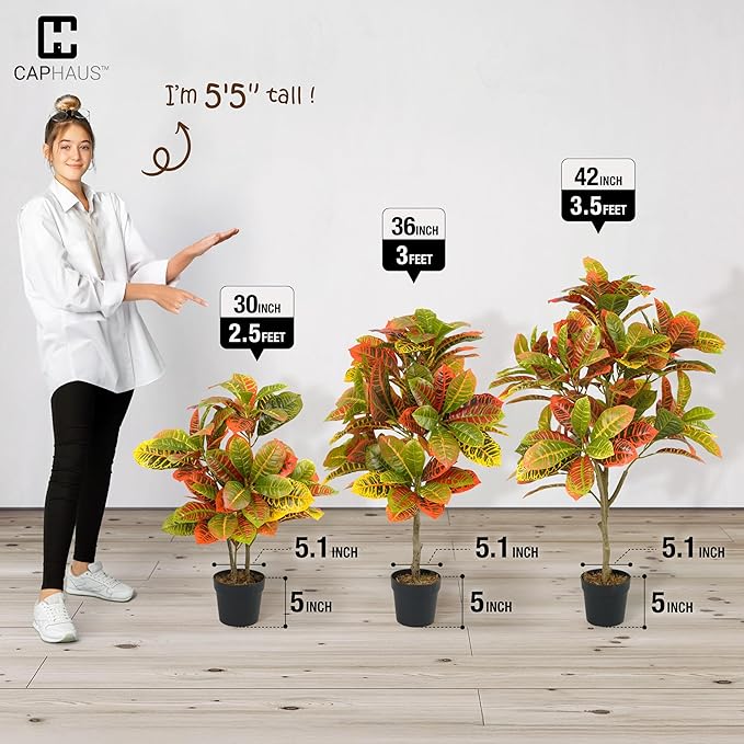 Fencer Wire 36 Inch Artificial Topiary Croton Tree, UV Resistant Artificial Outdoor Plants, Faux Bushes and Shrub, Fake Trees in Pot with Dried Moss, Artificial Plants for Front Porch, Indoor, Outdoor