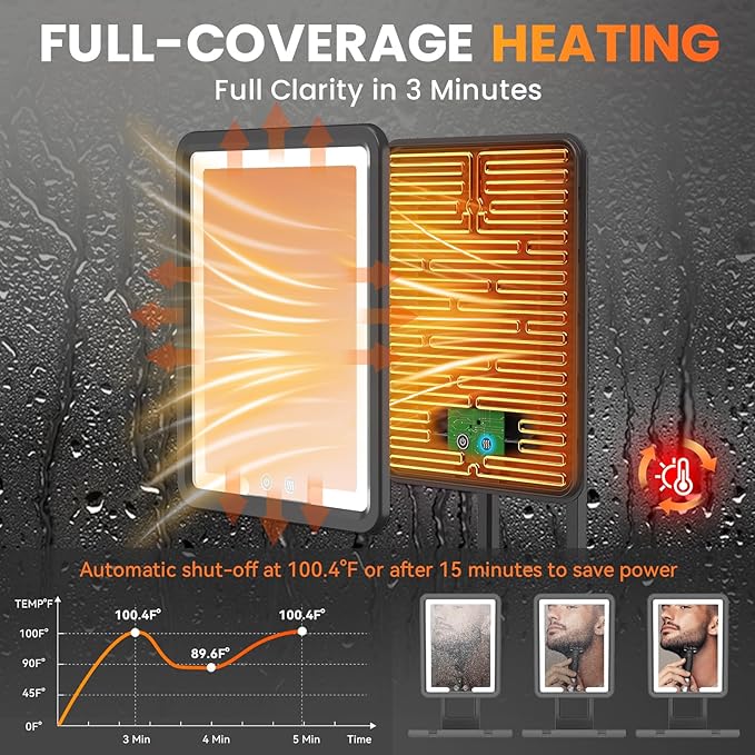LED Fogless Shower Mirror for Shaving - Heated Fog Free, 3 Dimmable Lights, 360° Adjustable, Rechargeable - with Storage Tray, Razor & Shaving Brush Holders, Gifts for Men