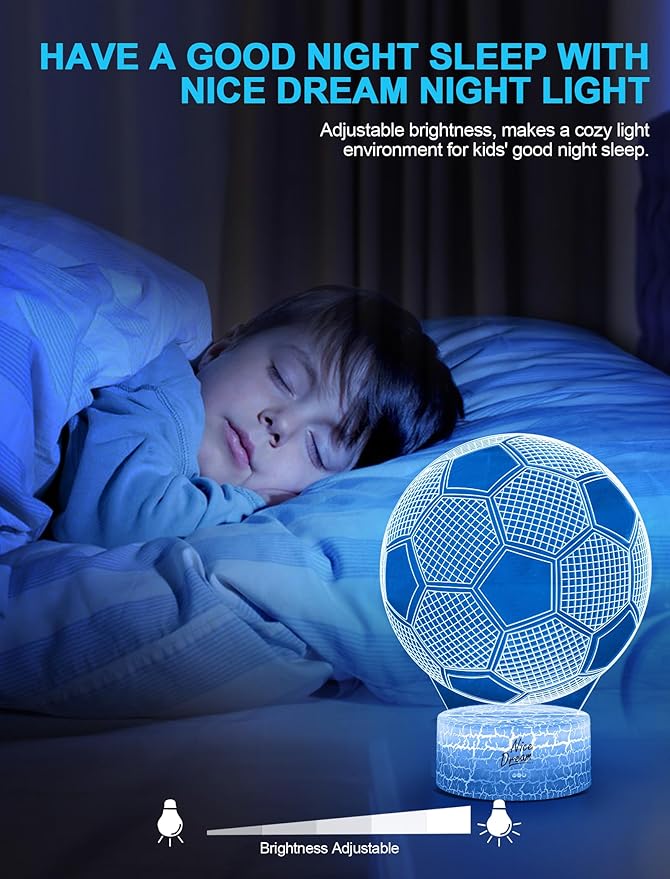 Nice Dream Soccer Night Light for Kids, 3D Illusion Night Lamp, 16 Colors Changing with Remote Control, Kids Room Decor, Toys Gifts for Children Boys Girls