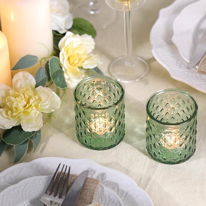 12Pcs Large Votive Candle Holders 2.8 * 3.2in Green Tea Light Candle Holders Glass Candle Holder for Bridal Shower, Wedding, Table Centerpiece, Party, Home Decor