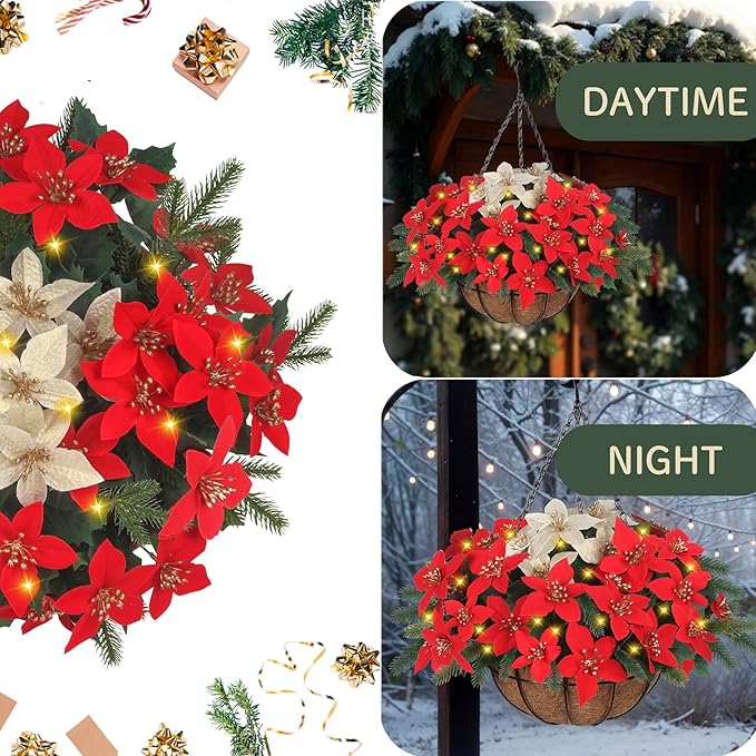 Florielle Artificial Fake Christmas Hanging Flowers Plants Basket with LED Lights, Faux Poinsettia, Pine Branches, for Outdoor New Year Xmas Decoration, Porch Home Holiday Decor (Green)
