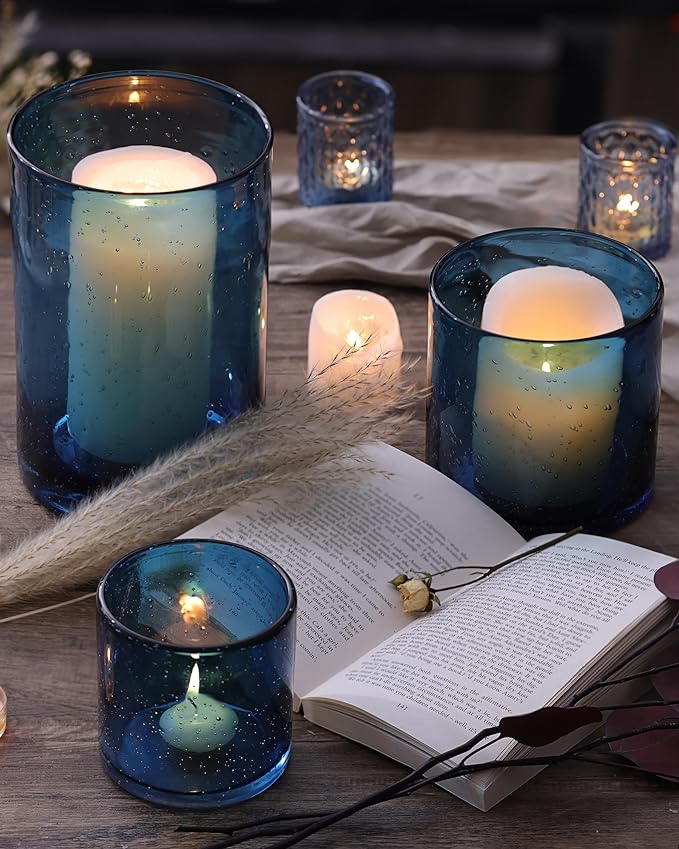 Hurricane Candle Holder Set of 3 Blue Candle Holders for Pillar Candles, Seeded Bubbles Glass Candle Holder, Blue Glass Cylinder Vases for Table Centerpieces, Home, Patio and Wedding 8" 4.7" 3.5"