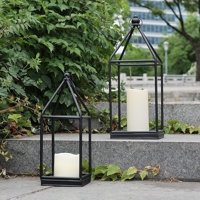 DECORKEY Luxury Lantern Decorative Outdoor&Indoor, Set of 2 (18’’&14’’) Black Metal Lanterns Decor, Vintage Hanging Candle Holder for Home Porch Wedding Centerpiece,Halloween Christmas Decorations