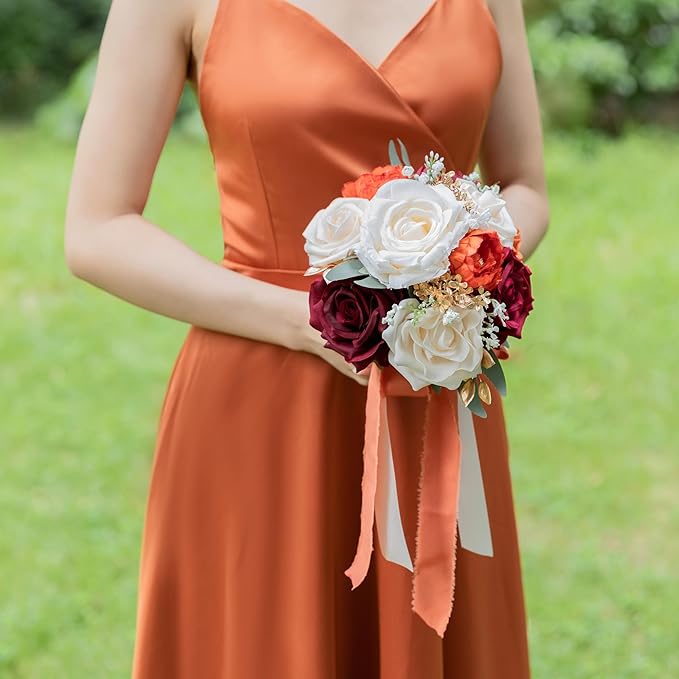 ponatia Burnt Orange Wedding Bouquets for Bride Bridesmaid, Artificial Burgundy Prom Flowers Bouquet for Weddins, Ceremony, Anniversary, 7 Inches