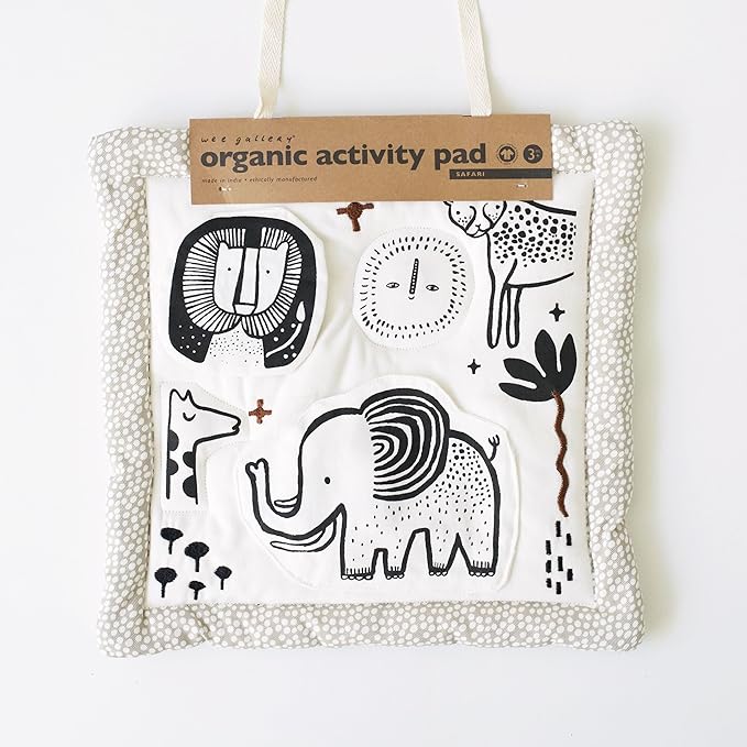 Wee Gallery Safari Activity Pad Organic Baby Play Mat with Sensory Toys, High Contrast Newborn Essentials Soft Tummy Time Mat for Babies 0-12 Months, Visual and Motor Skill Development Toy