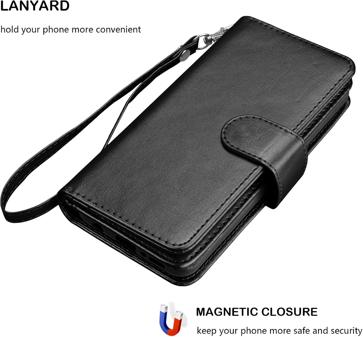 NJJEX PU Leather Wallet Case for Galaxy S9, Magnetic Folio Flip Cover, 9 Card Slots, Kickstand, Wrist Lanyard, Black