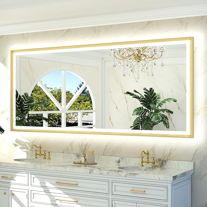 TETOTE 84x36 LED Bathroom Mirror with Lights Gold Frame Frontlit & Backlit Lighted Vanity Mirror Baroque Anti Fog Dimmable White/Warm/Natural,CRI90+,Waterproof,Wall Mounted(Horizontal/Vertical)