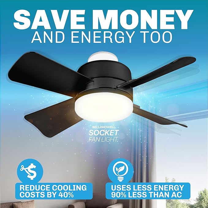 Bell+Howell Socket Breeze Socket Fan Light with Remote, Portable Small Ceiling Fans with Lights for Bedroom, Kitchen, Living Room, Ceiling Fan with Light 3500K, 1000 Lumens, Screws into E26/E27