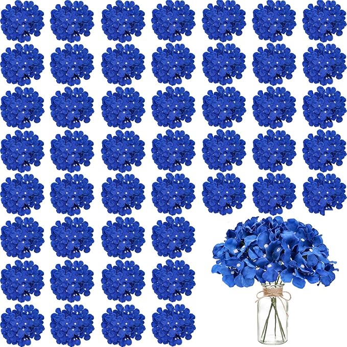 100PCS Artificial Hydrangea Flowers, Fake Flowers Silk Hydrangea Full Flowers Heads with Stems for Wedding Home Party Shop Baby Shower Decor (Royal Blue)