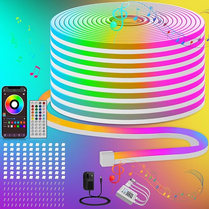 132ft RGB LED Neon Rope Lights with App, Remote Control, IP65 Waterproof Neon Light Strip Outdoor Indoor, DIY Design Flexible Led Strip Lights for Bedroom Essentials, Gaming Accessories