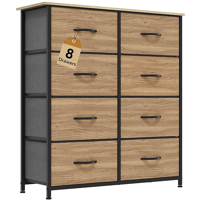 DWVO Dresser with 8 Drawers - Fabric Storage Tower, Organizer Unit for Bedroom, Hallway, Closets - Sturdy Steel Frame, Wooden Top & Easy Pull Fabric Bins (Burlywood Grain)