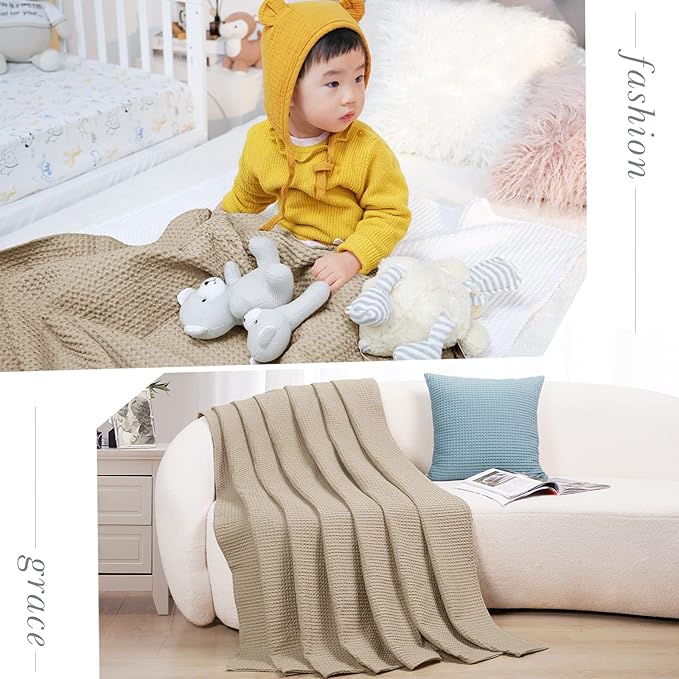 PHF 100% Cotton Waffle Weave Throw Blanket，Pre-Washed Snag Proof Lightweight Breathable Moisture-Wicking for Layering in Cold Weather for Couch Bed,Machine Washable,Home Decor Gift-Khaki/Simply Taupe