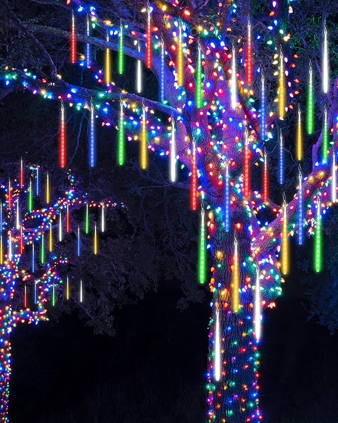 Joomer 2Pack Christmas Lights Outdoor, 11.8 inch 10 Tubes 240 LED Meteor Shower Lights, LED Falling Icicle Cascading Light with Timer Waterproof and Connectable for Christmas Decoration (Multicolor)