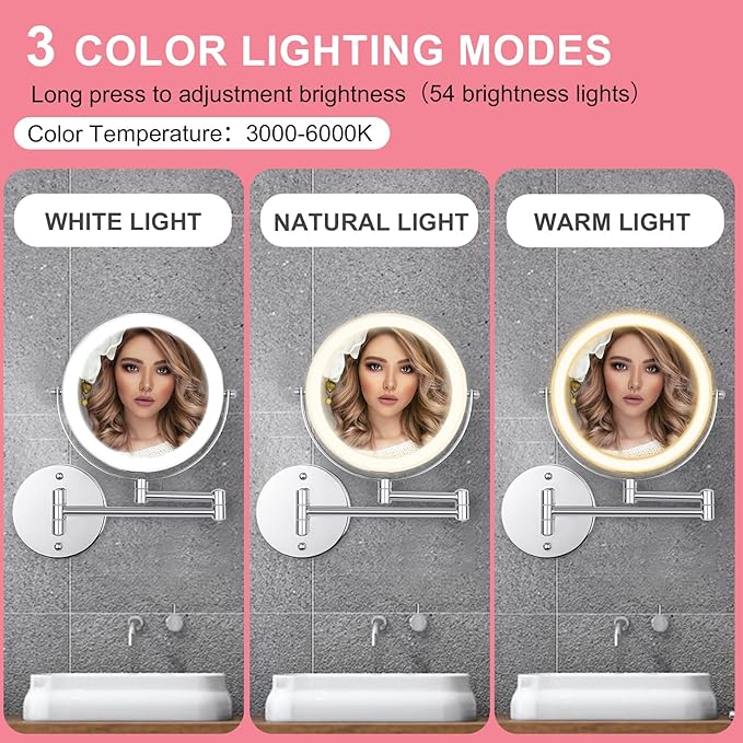 Wall Mounted Makeup Vanity Mirror with Lights, 8” Double Sided 1X/10X Wall Mount Magnifying Bathroom Shaving Mirror with 3 Color Lights, Rechargeable Touch Dimmable Extendable Cosmetic