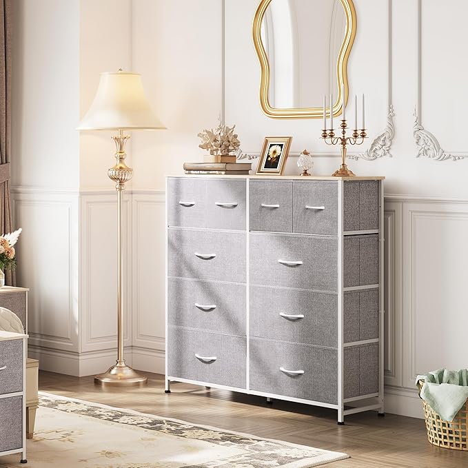 WLIVE Fabric Dresser for Bedroom, Dresser with 10 Drawers, Storage Tower with Fabric Bins, Double Dressers, Chest of Drawers for Closet, Living Room, Hallway, Light Grey