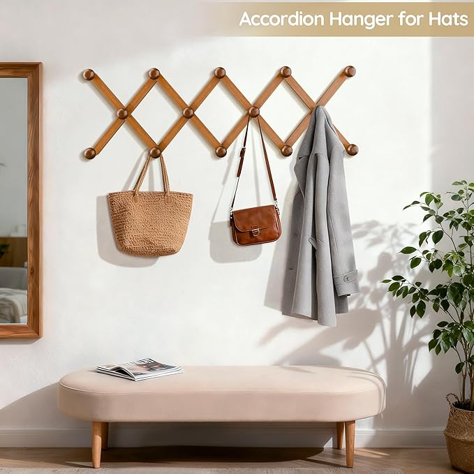 WGFKVAS Hat Rack for Wall with 14 Hooks, Solid Wooden, Expandable Coat Rack Wall Mount for Coats, Hats, Bags, Baseball Caps, Brown