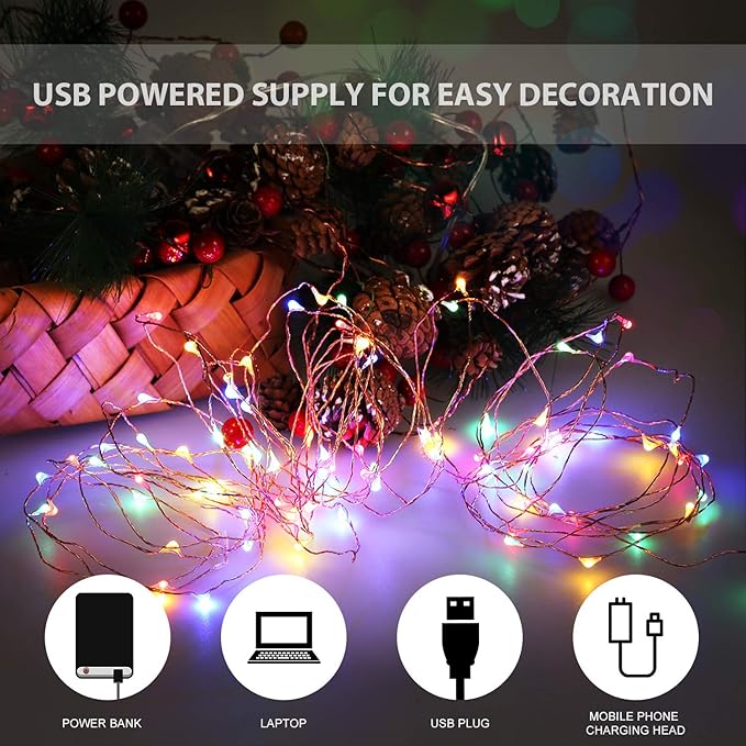 USB Powered String Light, 1 Pack USB Plug in Copper Wire Fairy Lights for Indoor, Bedroom Festival Christmas Wedding Party Patio Decorative Window with USB Interface (16ft./5M,Multi Color)