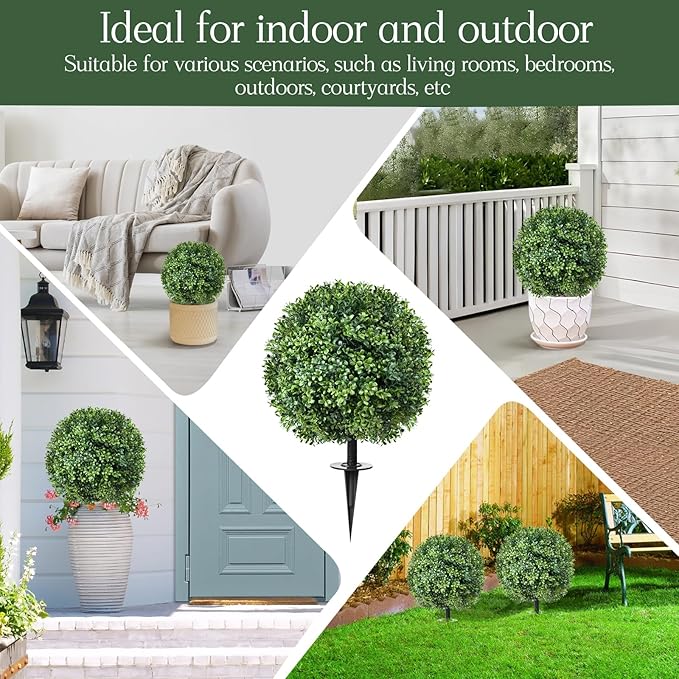 24" Artificial Topiary Boxwood Ball Tree with Ground Spike, Set of 2, UV Resistant Outside Fake Bushes Plants, Faux Cedar Balls Faux Shrubs Plastic Plants for Outdoor Indoor Front Porch Garden Decor
