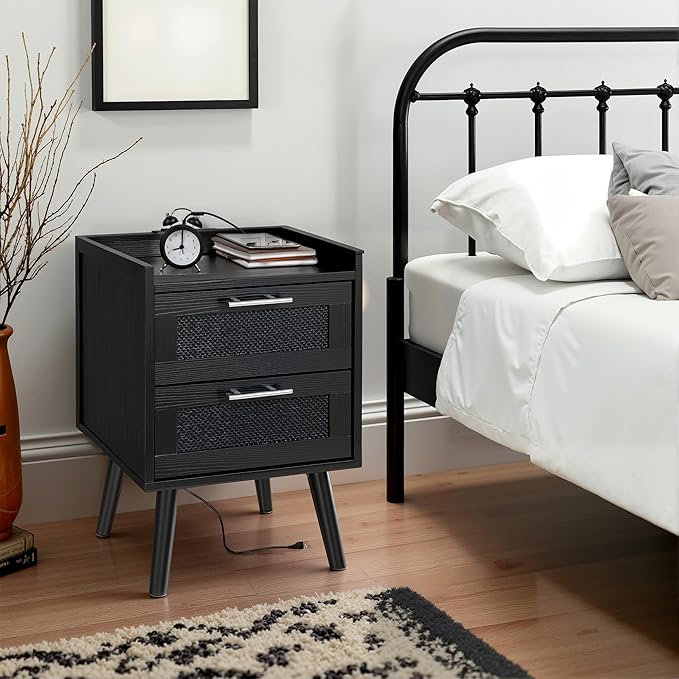 Finnhomy Nightstand with Charging Station, Bedside Table with 2 Hand Made Rattan Decorated Drawers, Night Stand with Storage for Bedroom, Full Black, Set of 2