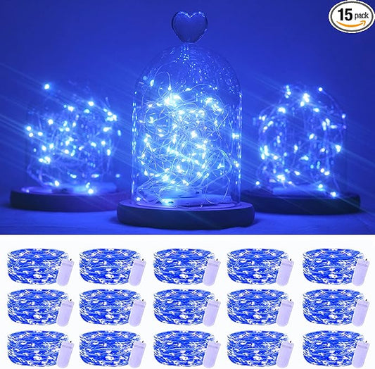 SmilingTown 15 Packs Fairy String Lights, 6.6FT 20 LED Battery Operated Silver Copper Wire Starry String Light for DIY Party Christmas Costume Wedding Easter Table Decorations (Blue)
