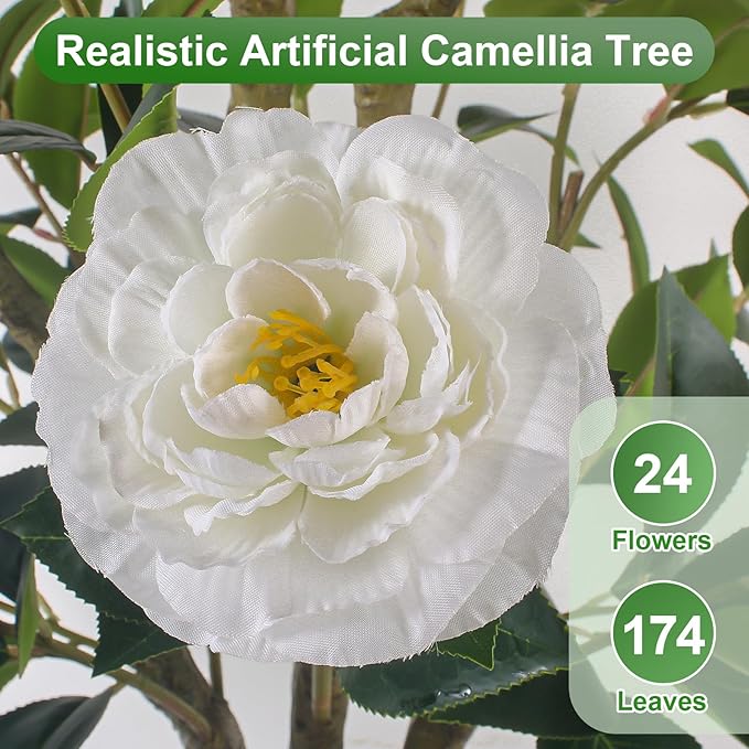 Faux Outdoor Plants 2 Pcs - 39’’ Artificial Camellia Tree Potted with White Flowers, Artificial Plants Outdoor Porch Front Door Garden Indoor Office Home Wedding Decor Housewarming Gift