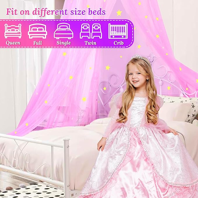 South to East Princess Bed Canopy with Glowing Stars, Pink Canopy for Girls' Room, Bed Canopy Curtains from Ceiling for Twin & Full Size Beds, Ideal Gift, Fire Retardant Fabric