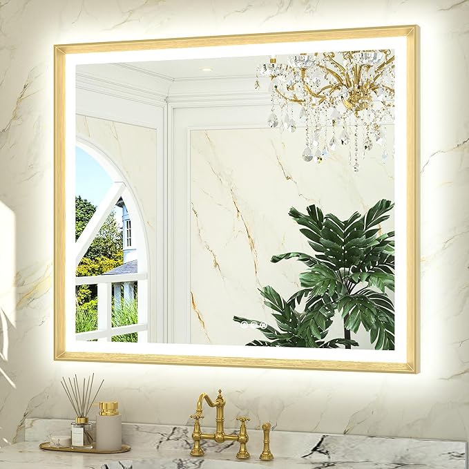 TETOTE Gold LED Bathroom Mirror with Lights 42x36 Front & Back Light Vanity Framed Mirror Baroque Anti Fog Dimmable White/Warm/Natural,CRI90+,Waterproof,Wall Mounted(Horizontal/Vertical)