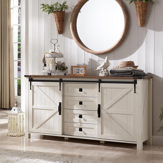 T4TREAM 60'' Farmhouse Dresser Chests for Bedroom w/4 Drawers & Sliding Barn Doors, Tall Chest of Drawers, Rustic Dresser TV Stand, Organizer for Bedroom, Living Room, Kitchen, Antique White
