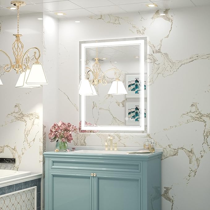 Keonjinn LED Bathroom Mirror with Lights, 28 x 36 Inch Front Lighted Vanity Mirror, HD Tempered Glass, UL-Listed LED Driver, Anti-Fog, 6000K Dimmale, Memory Function, Easy Installation