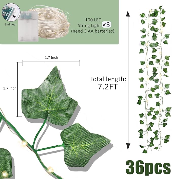 RECUTMS Artificial Ivy Vines 250 FT with 300 LED String Light Leaf Garland Fake Hanging Plants for Long Leaves Greenery Room Garden Office Wedding Wall Shower Patio Outdoor Indoor Decor (36 Pack)