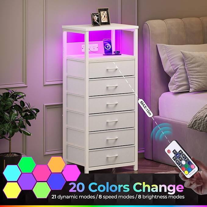 Seventable Night Stand with Charging Station, Tall Nightstand with 6 Fabric Storage Drawers, Side Table with LED Light for Bedroom, Entryway, White
