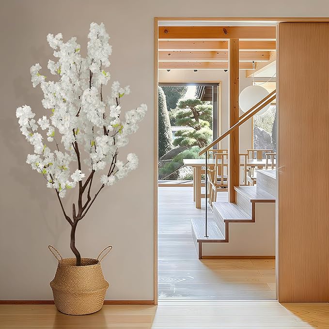 Faux White Cherry Blossom Tree 7ft(84in) Artificial Silk White Flower Tree Lifelike Large Fake Floral Tree for Wedding Realistic Elegant Cherry Sakura Plant in Pot for Home,Living Room,Office Decor