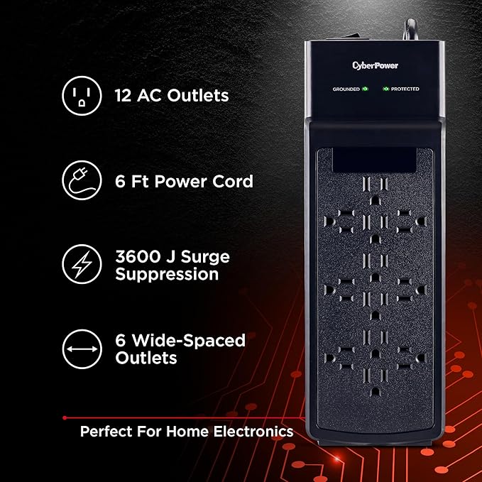 CyberPower CSB1206 Essential Surge Protector, 3600J, 125V, 15A, 12 Outlets, 6 Foot Power Cord, Black, ETL Listed