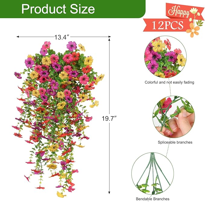 12 Pcs Artificial Hanging Mums Flowers Outdoor, Fake Hanging Spring Plants for Outdoor Planter Patio Front Door Window Box Decoration (12, Red, Purple, Rose Red, Yellow)