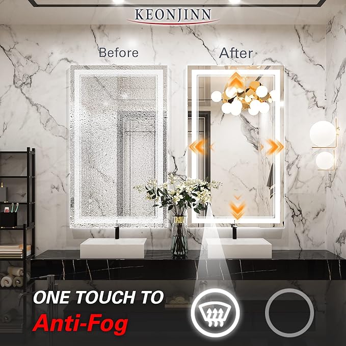 Keonjinn LED Bathroom Mirror with Lights, 40 x 24 Inch Front Lighted Vanity Mirror, HD Tempered Glass, UL-Listed LED Driver, Anti-Fog, 6000K Dimmale, Memory Function, Easy Installation
