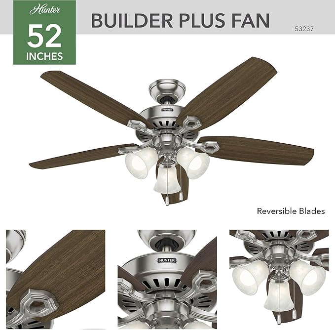 Hunter 52 inch Indoor Ceiling Fan with LED Lights - Ceiling Fan with Pull Chain, For Bedroom or Living Room, Standard Mount, No Remote, 5 Blades, Includes Bulbs - Builder Plus 53237, Brushed Nickel