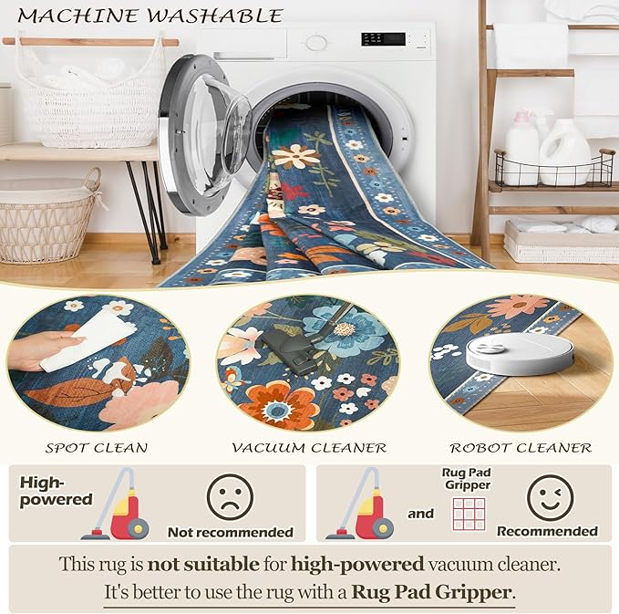 Floral 6x9 Area Rug Machine Washable Soft Print Boho Carpet Non Slip Doormat Low Pile Flower Area Rugs for Living Room Bedroom Nursery Kitchen Dining Room Indoor-Blue/Grey