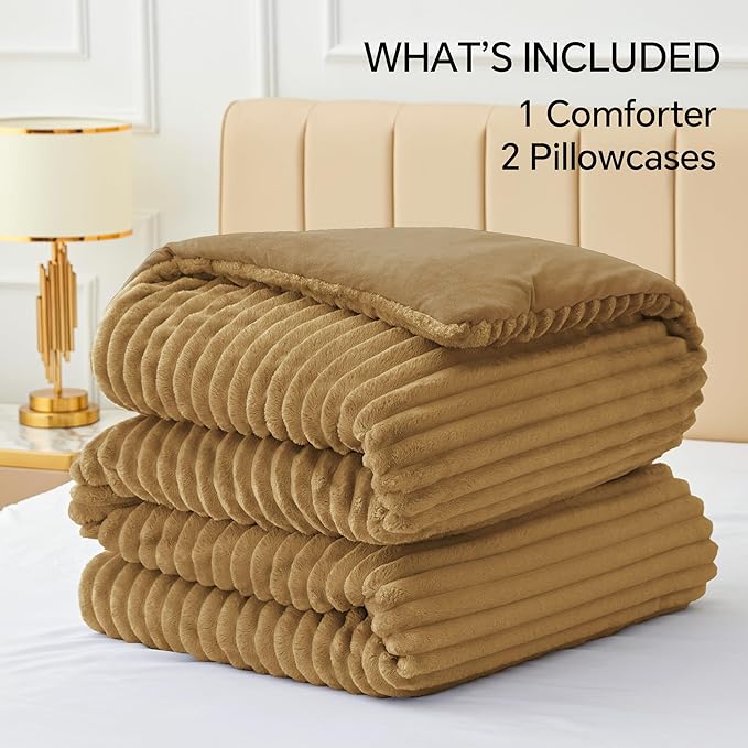BEDELITE Fleece King Comforter Set -Super Soft & Warm Fluffy Brown Bedding, Luxury Fuzzy Heavy Bed Set for Winter with 2 Pillow Cases
