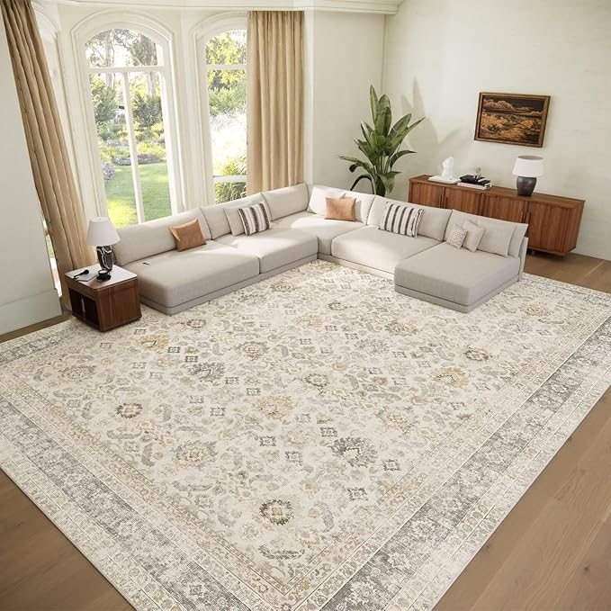 Washable 9x12 Area Rugs for Living Room, Boho Non-Slip Silicone Backing Rugs for Bedroom Dining Room Nursery Office, 0.3" Neutral Oriental Throw Carpet with 0.16" Cushioning Pad, Grey/Multi