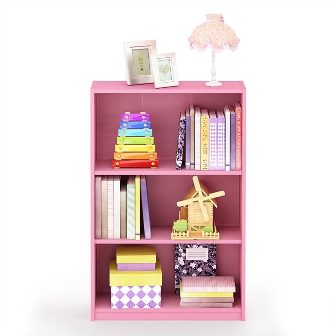 Furinno JAYA Book Shelf, 3-Tier Bookshelf, Bookcase with Adjustable Shelves, 9.5 x 24.5 x 40.3, for Living Room, Bedroom, Home Office, Pink