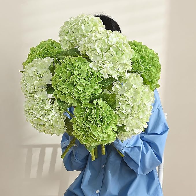 MARTINE MALL 3Pcs 21in Hydrangea Artificial Flowers, Latex Real Touch Hydrangeas Lifelike Large Hydrangea Flowers for Home Decor Party Arrangements Wedding Bouquets Centerpieces (Light Green)