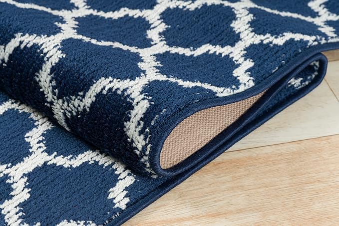 Custom Size Cut to Length Moroccan Trellis Design Runner Rug Mat For Wide Long Hallways with Non-Slip Rubber Backing, Better Traction for Pets, Prevent Slippage, Trellis Navy Blue, 31 inch X 7 feet