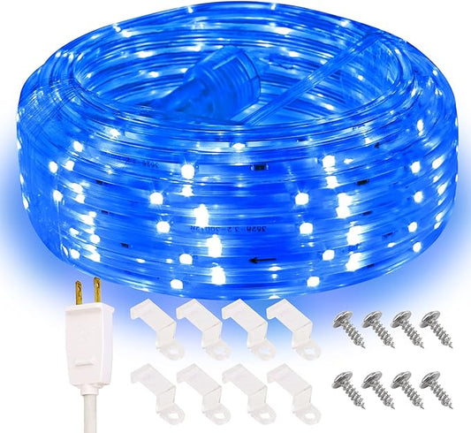 Blue LED Rope Lights Outdoor, 33ft Flat Strip Lights, Flexible Connectable and Waterproof Rope Lighting for Indoor Outdoor Use, Mood Lighting for Game Room Pool Ground Patio Party
