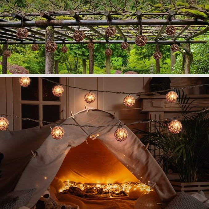 Rattan Christmas String Lights, 10 Mini Natural Globe Rattan Balls, Wicker Lights for Patio, Wedding, Garden, Party, Home Decor, Indoor Outdoor Use, 7.92Ft (Brown Cord)