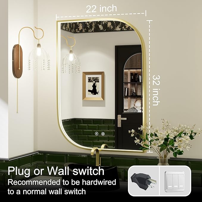 22x32 Inch LED Bathroom Mirror with Lights, Adjustable 3000K/4500K/6000K, Irregular Gold Frame Lighted Bathroom Vanity Mirror, Anti-Fog, Stepless Dimmable, Wall Mounted