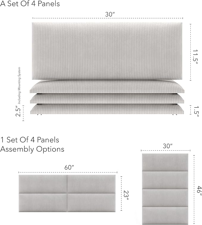 Vänt Upholstered Wall Panels - Queen/Full Size Wall Mounted Headboards - Ribbed Stone - Set of 4 Panels (Each Individual Panel 30"x11.5")