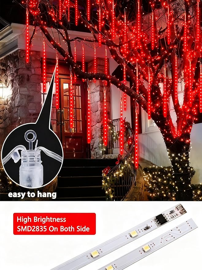 Joomer Christmas Lights Outdoor, 11.8 inch 10 Tubes 240 LED Meteor Shower Lights, LED Snow Falling Icicle Cascading Light with Timer Waterproof and Connectable for Christmas Decoration (Red)
