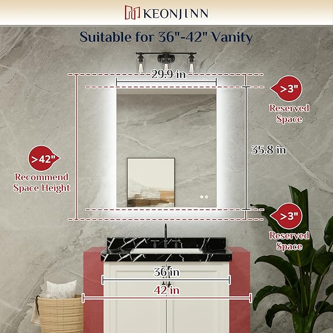 Keonjinn Backlit Mirror Bathroom 30” x 36”, Anti-Fog Mirror with Lights, CRI90+ HD Tempered Glass, Waterproof, UL Listed, Stepless Dimmable Vanity Mirror with High Lumen