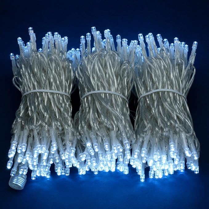 YULETIME 100 ft 300 Count Cool White LED String Lights with Adapter, Clear Wire Wide Angle 5mm Christmas Light (Cool White)