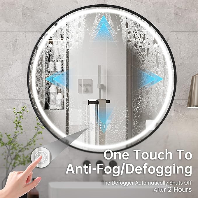 32 Inch Round Led Mirror, Bathroom Mirror with Lights, Black Metal Framed Frontlit Circle Mirrors for Wall with Anti-Fog, Memory Function, 3 Color Temperature, Dimmable Makeup Mirror